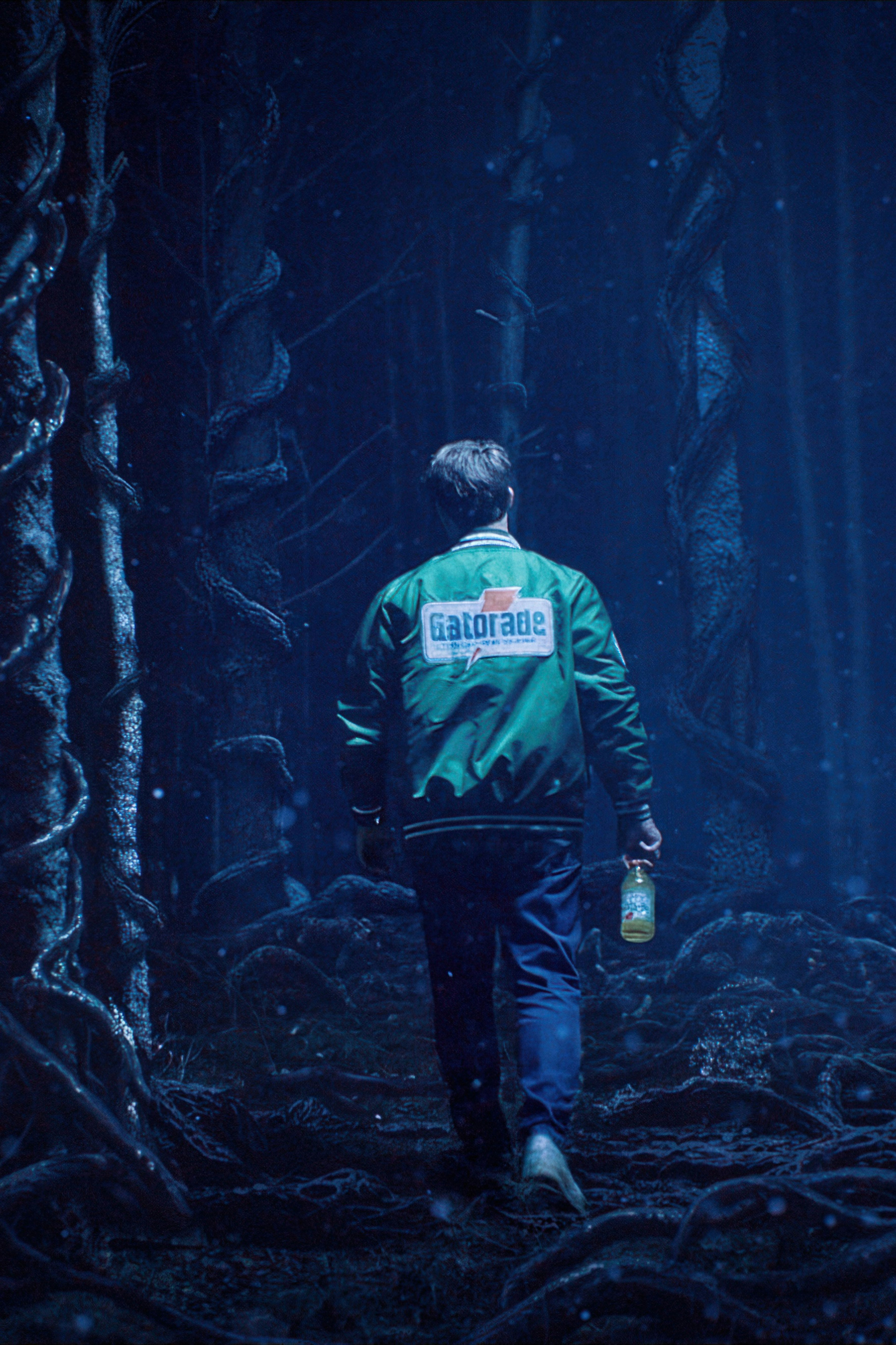 stranger things upside down capsule man in jacket in woods