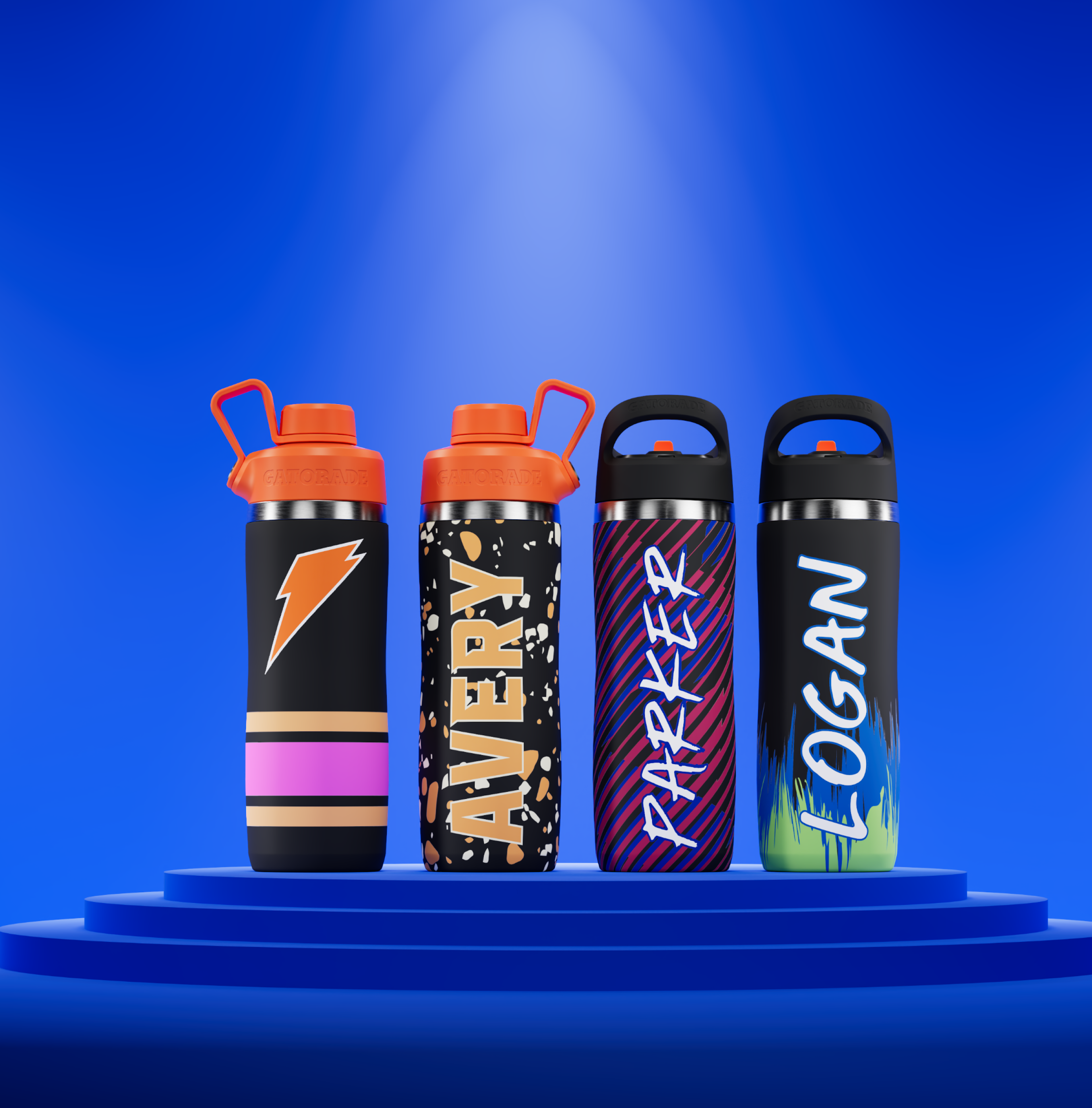 custom stainless bottles on podium