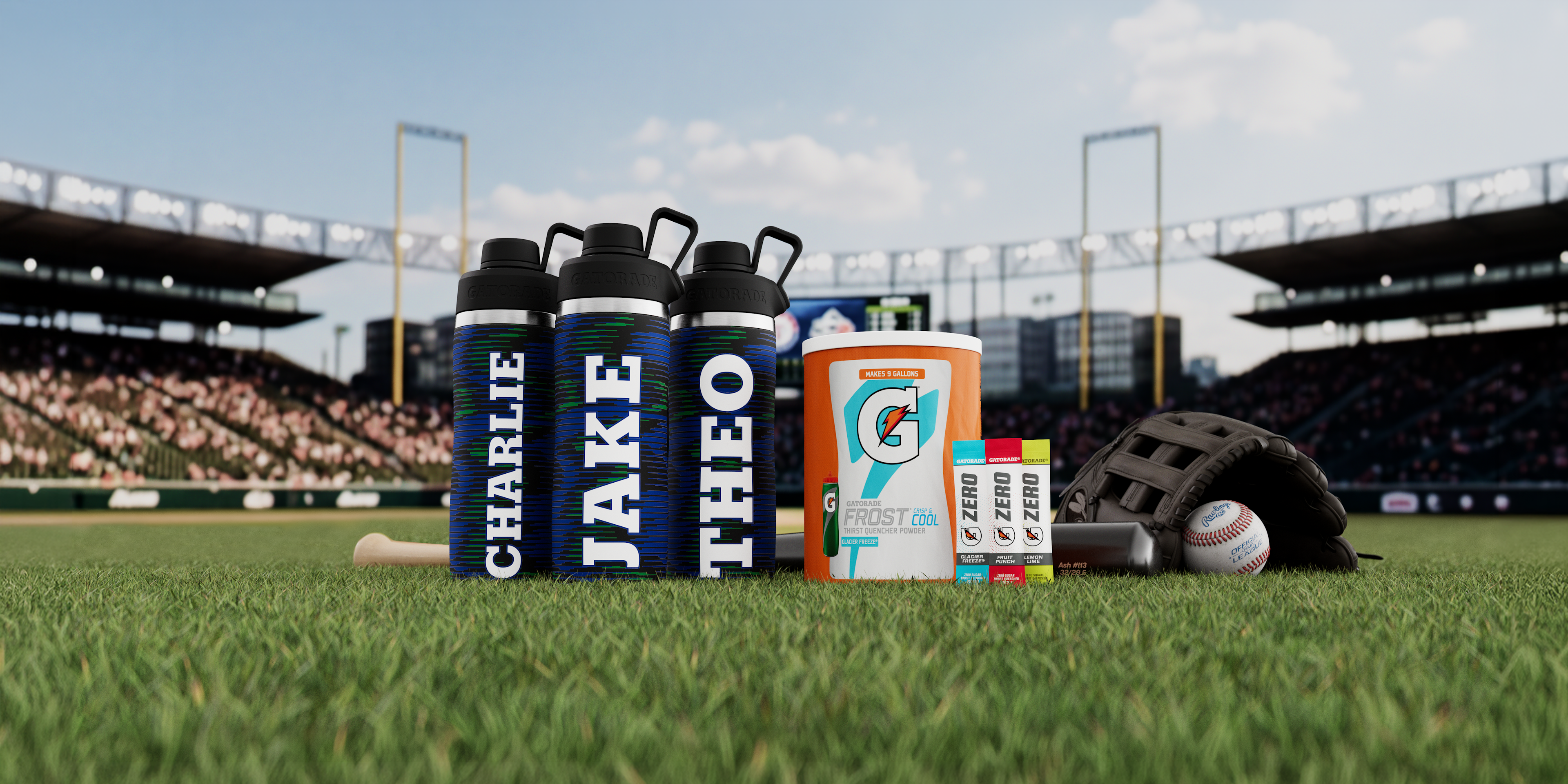 bulk items on field, custom stainless bottles, gatorade powder, g zero powder