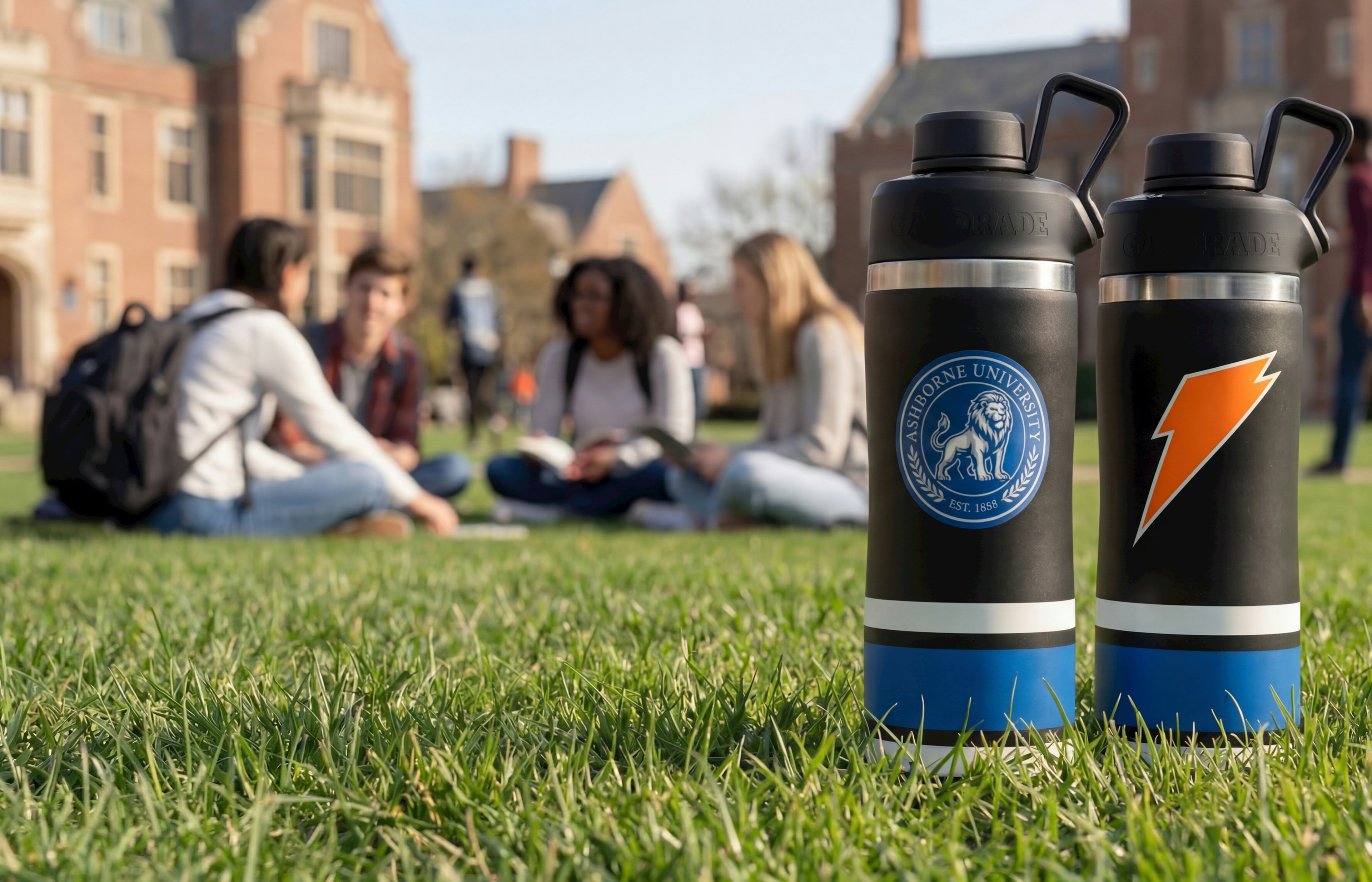 Students on green with stainless steel university bottle