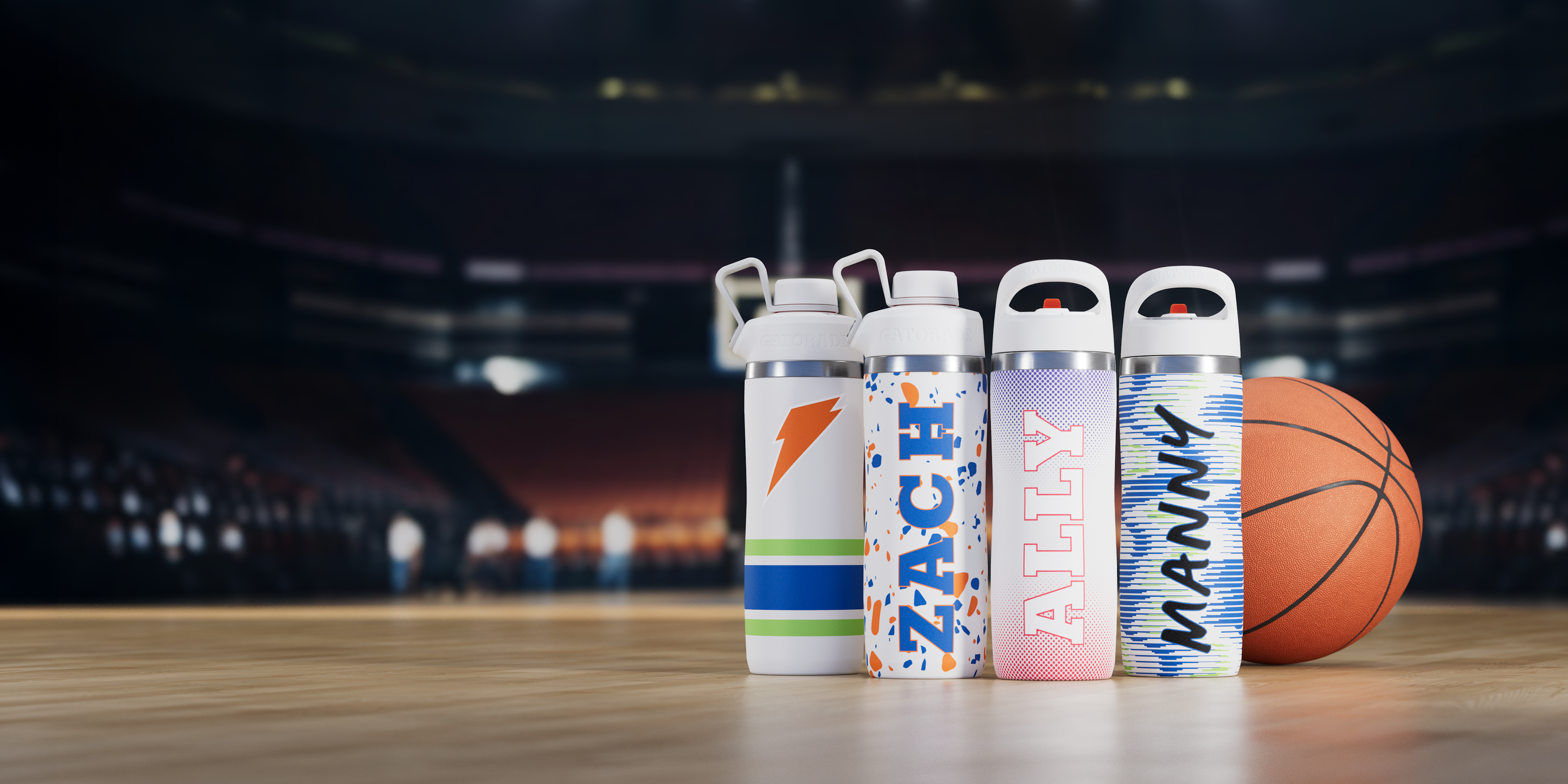 white custom stainless bottles on basketball court