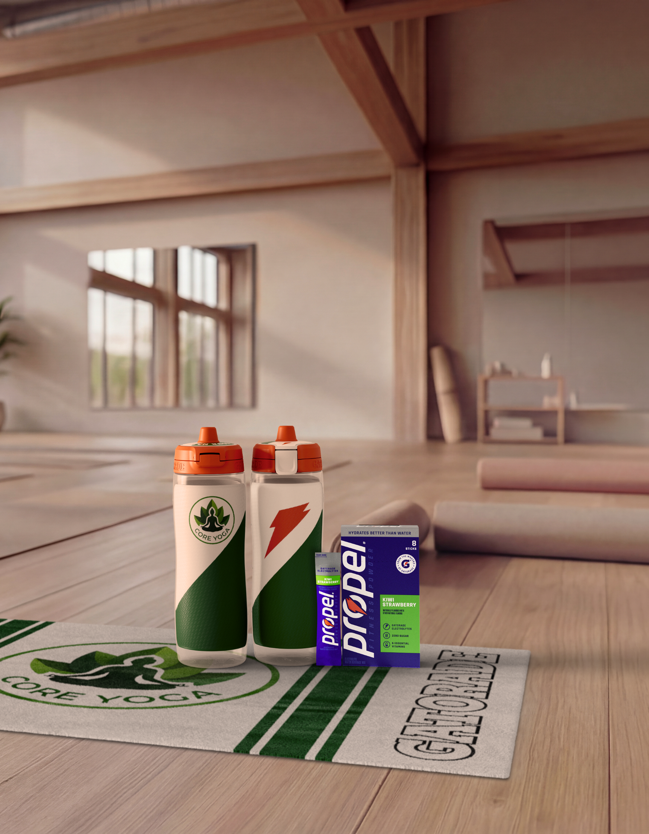 custom bottles, towel, and propel in yoga studio