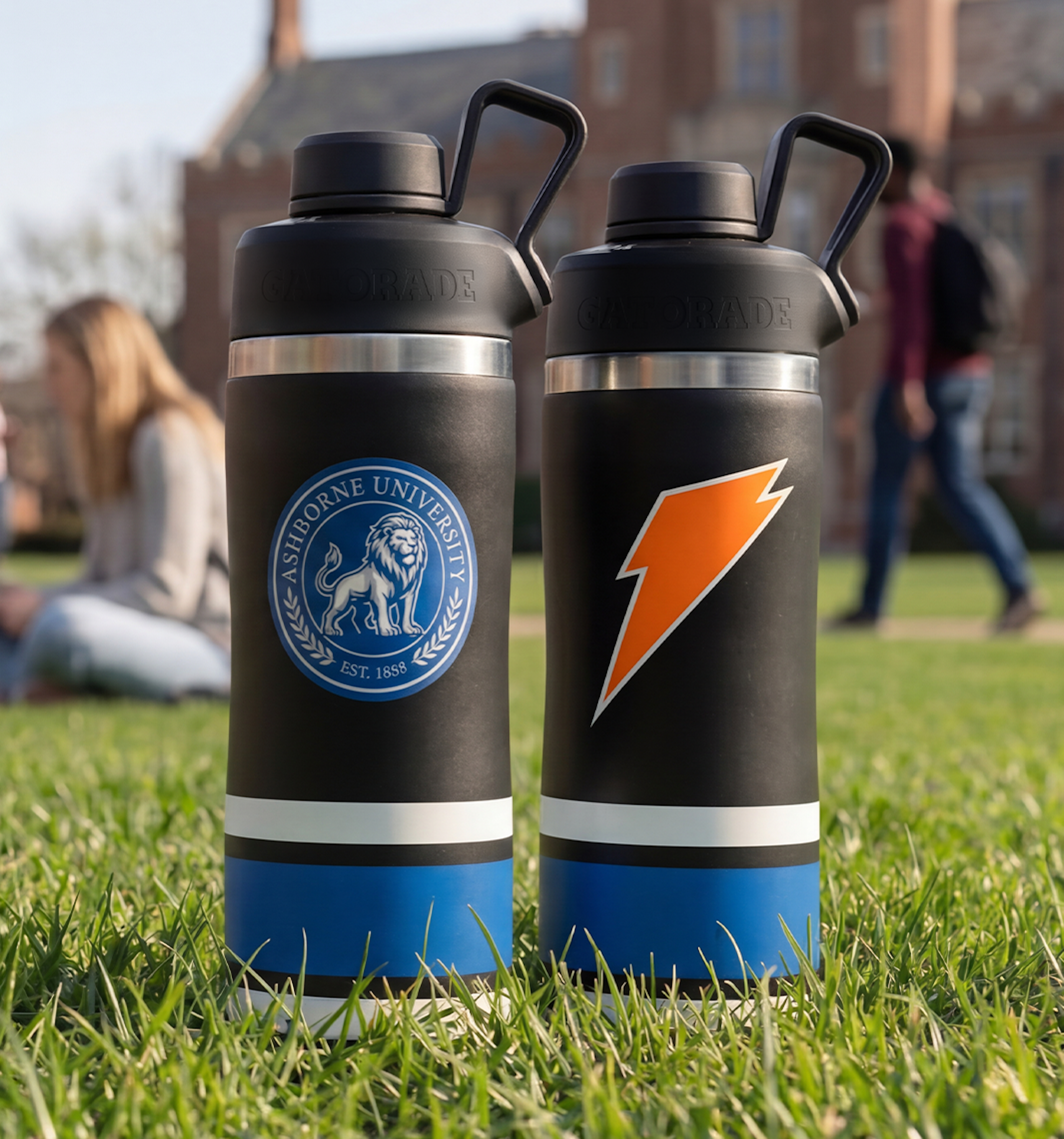 custom stainless steel bottles on school quad