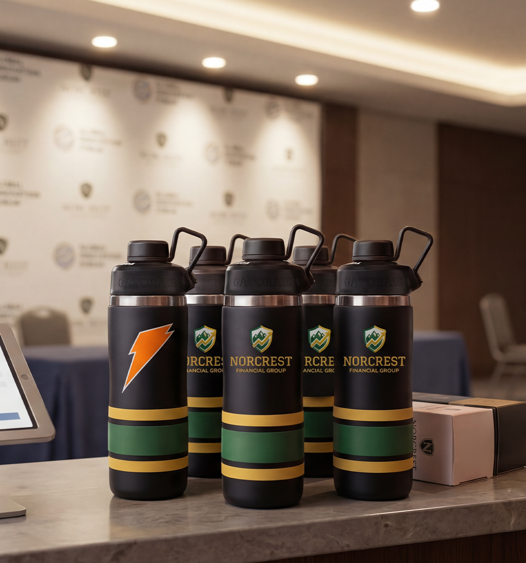 custom stainless steel bottles at a conference