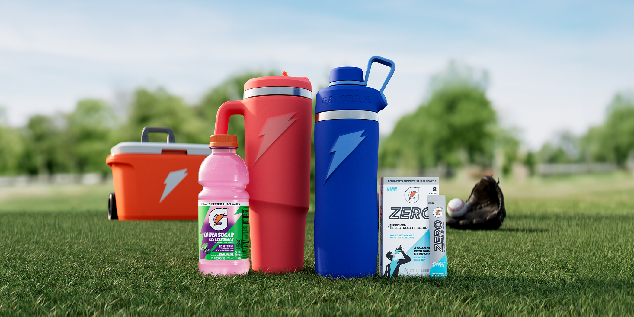 memorial day tumbler and overtime bottle with gatorade lower sugar and g zero powder and cooler on field