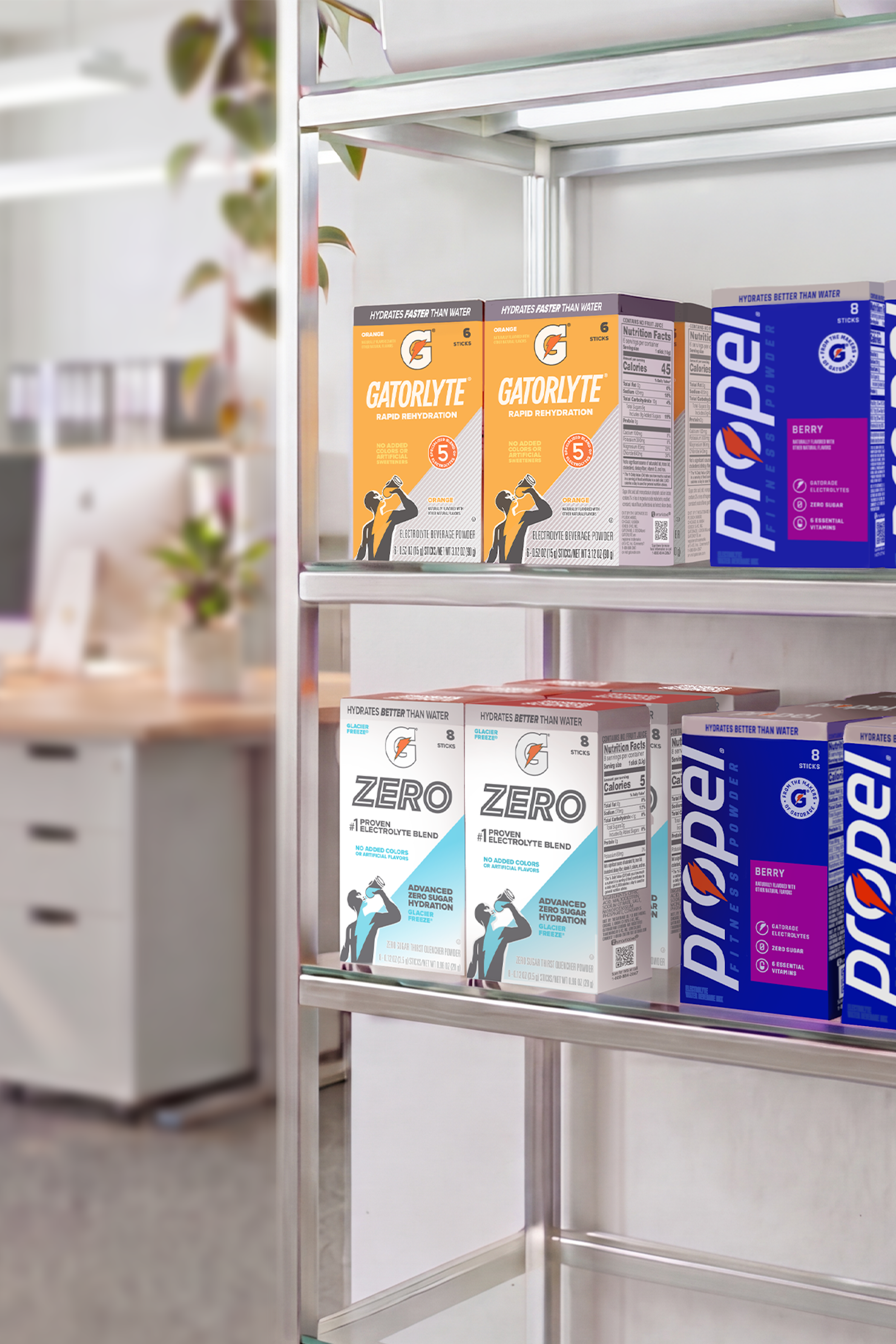 boxes of gatorlyte, g zero, and propel at the office
