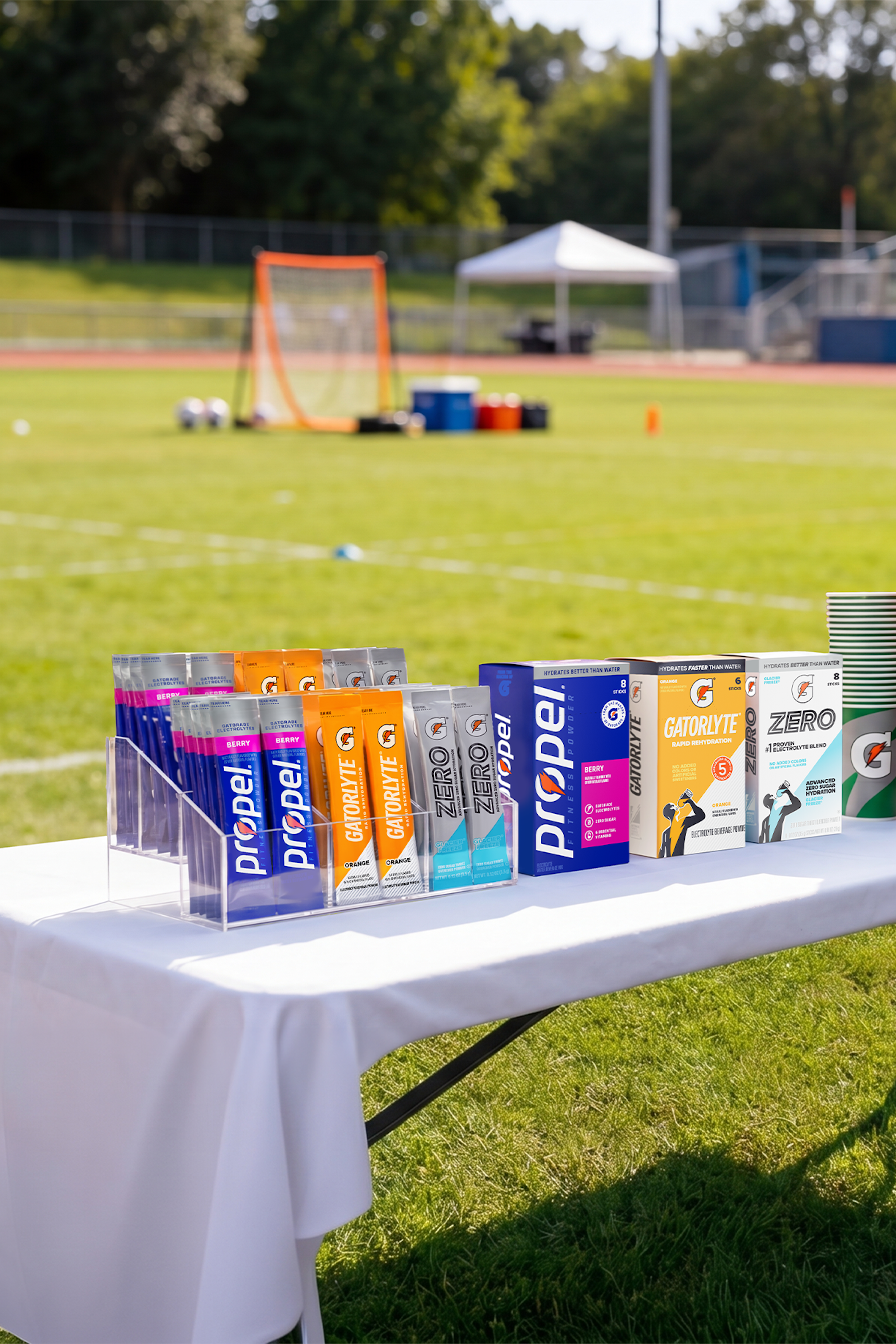 boxes of propel, gatorlyte, and gzero on a soccer field