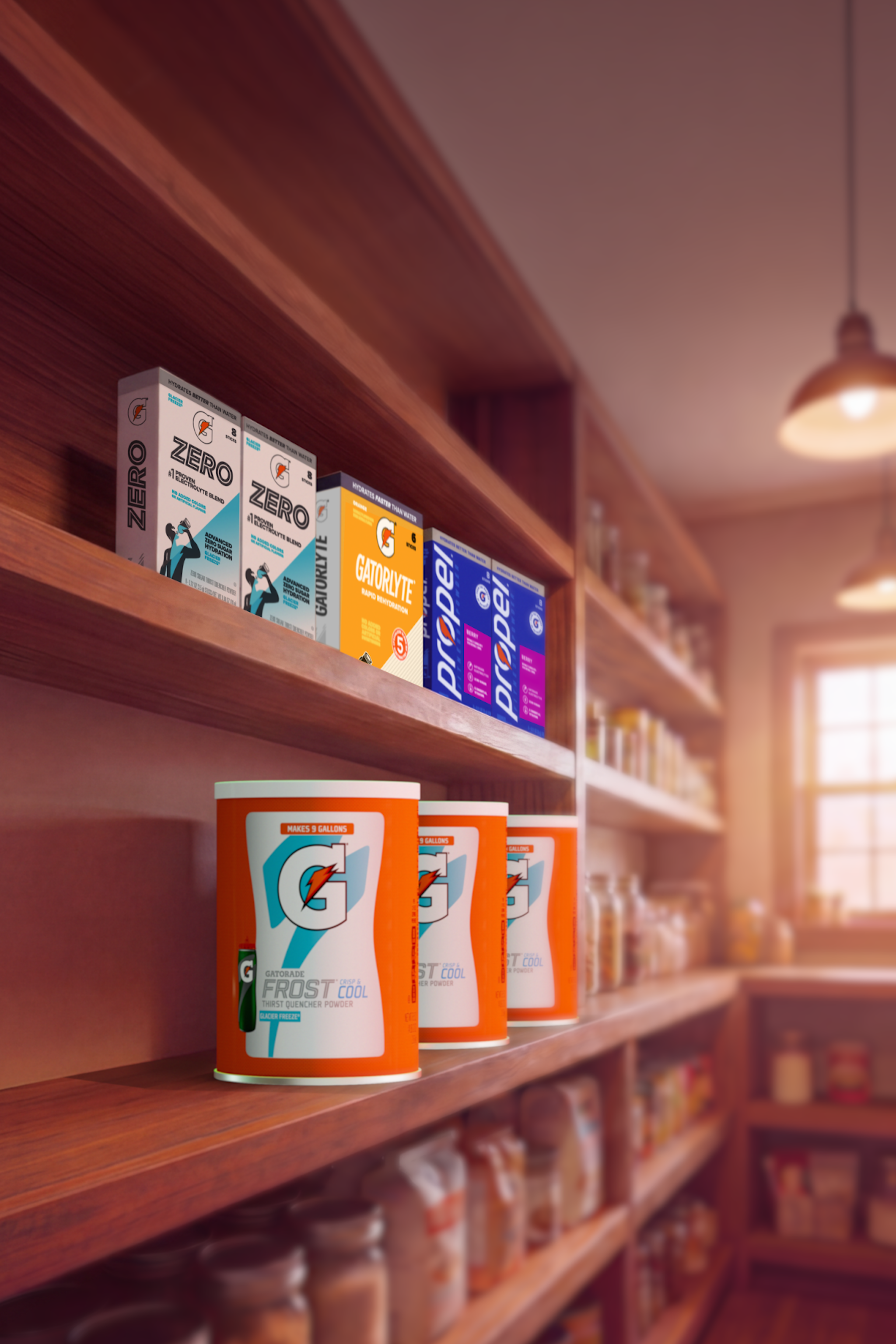 boxes of gatorade powders in a pantry