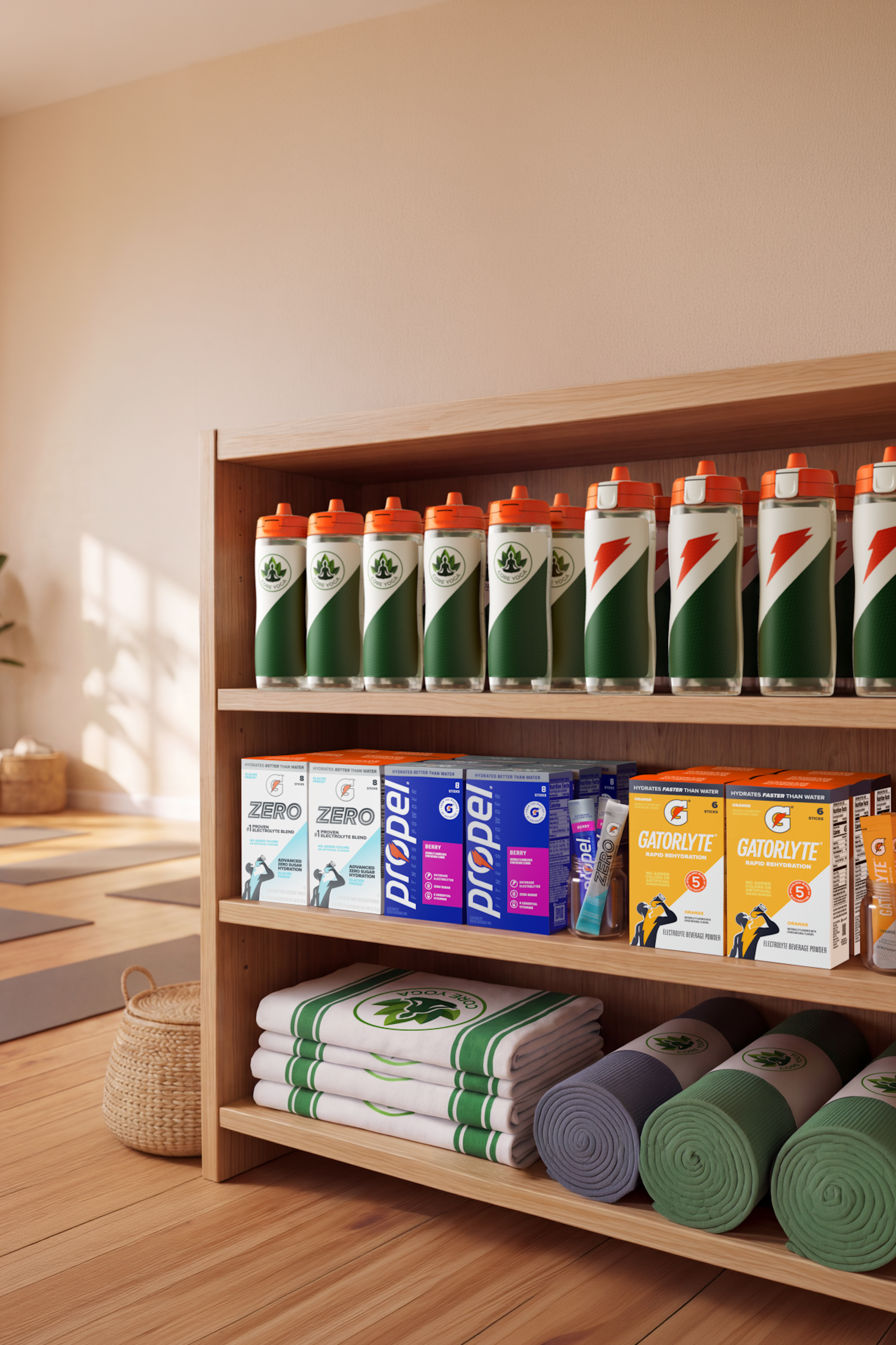 store section with custom gatorade bottles and gatorade powders at a yoga studio