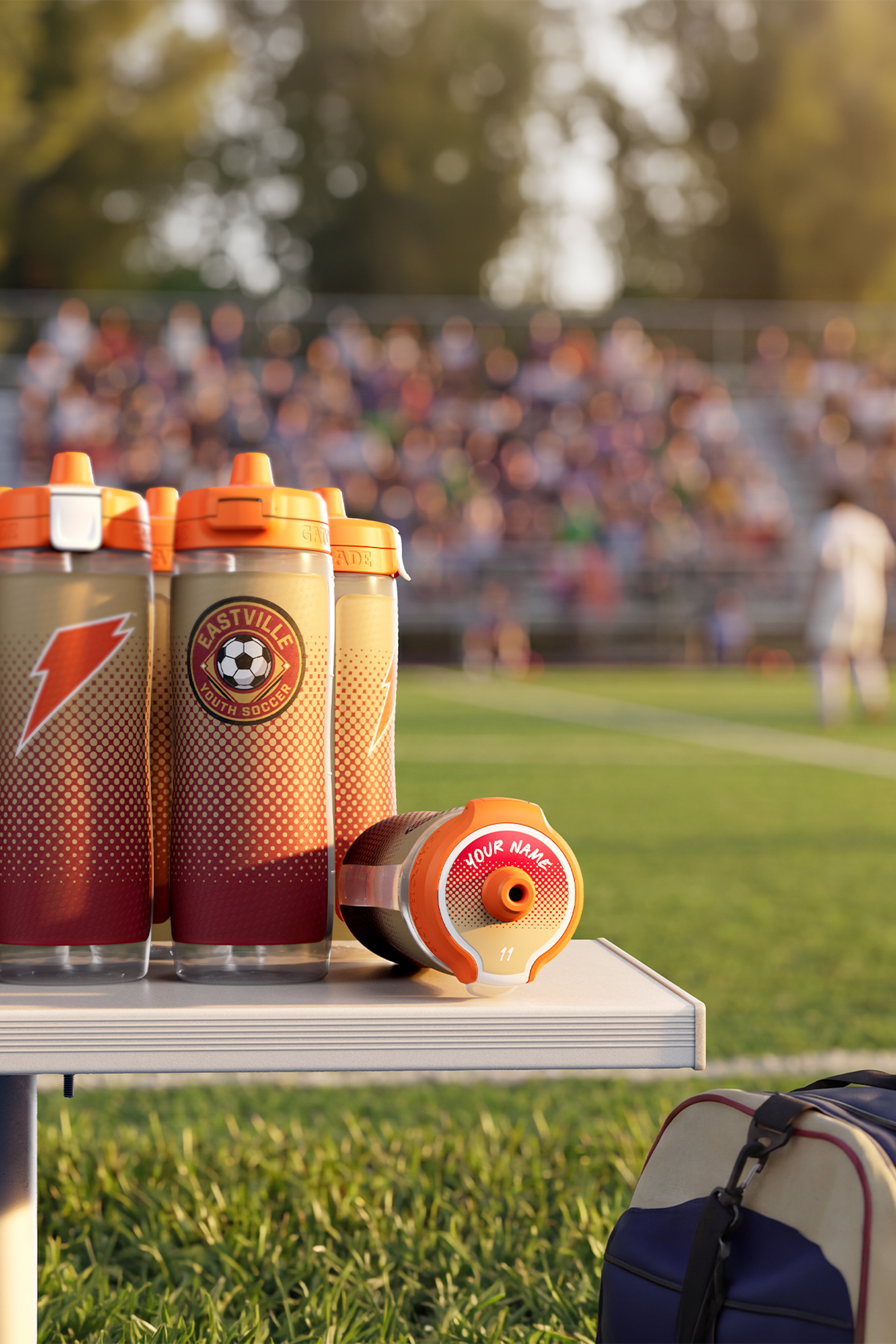 gatorade bottles on sideline bench of sports game