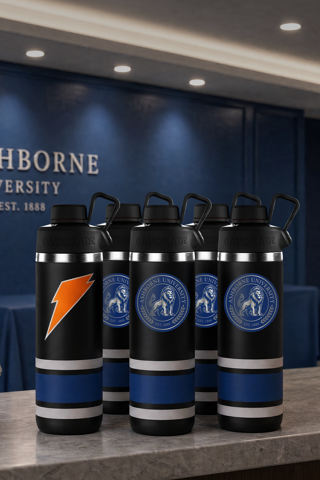 custom bottles on a table at a conference