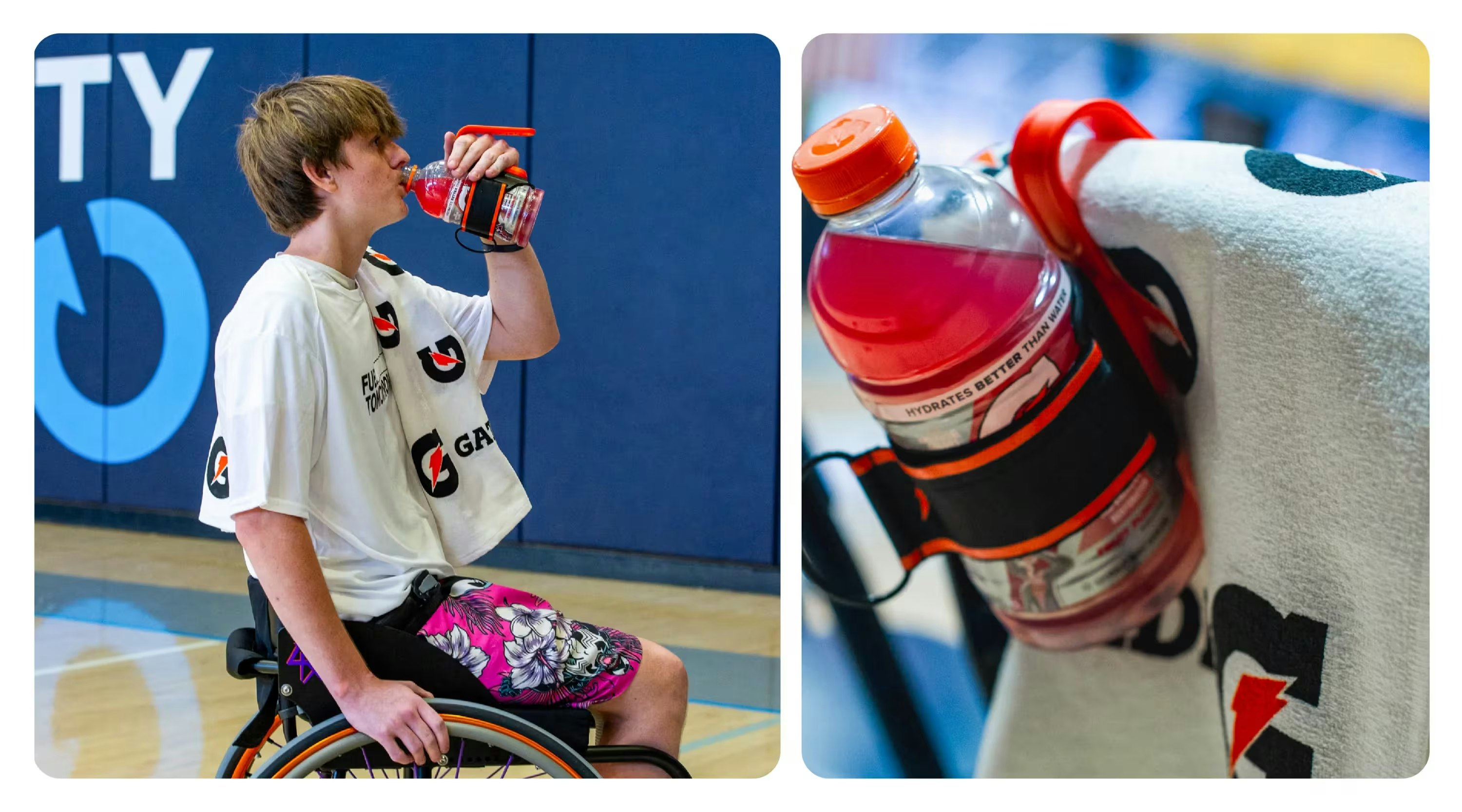 boy in wheelchair drinking gatorade with bottle clip