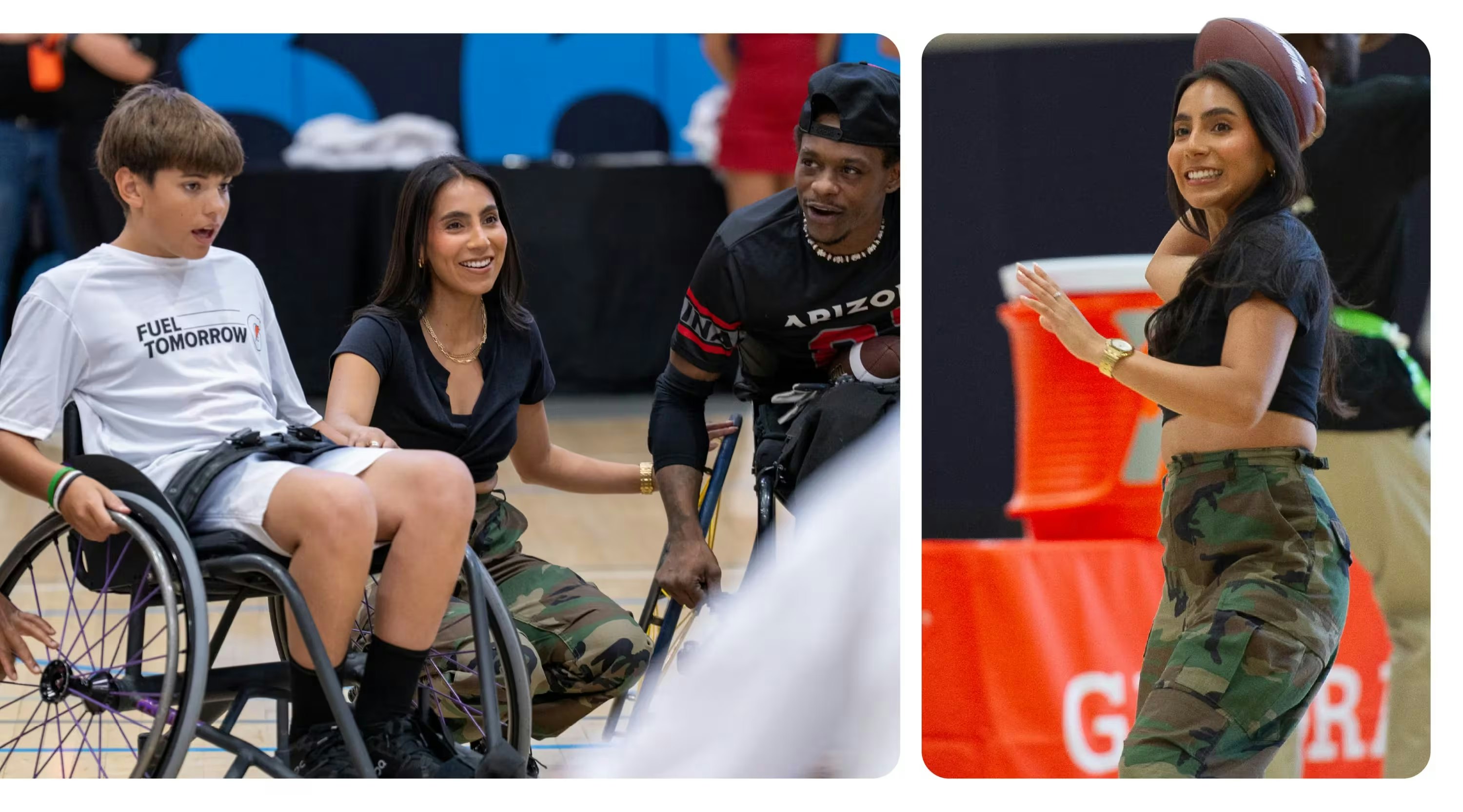 From left, a student-athlete, Gatorade athlete Diana Flores and James Berardez of the Cardinals Wheelchair Football Team at the Gatorade Fuel Tomorrow Football Day of Play.