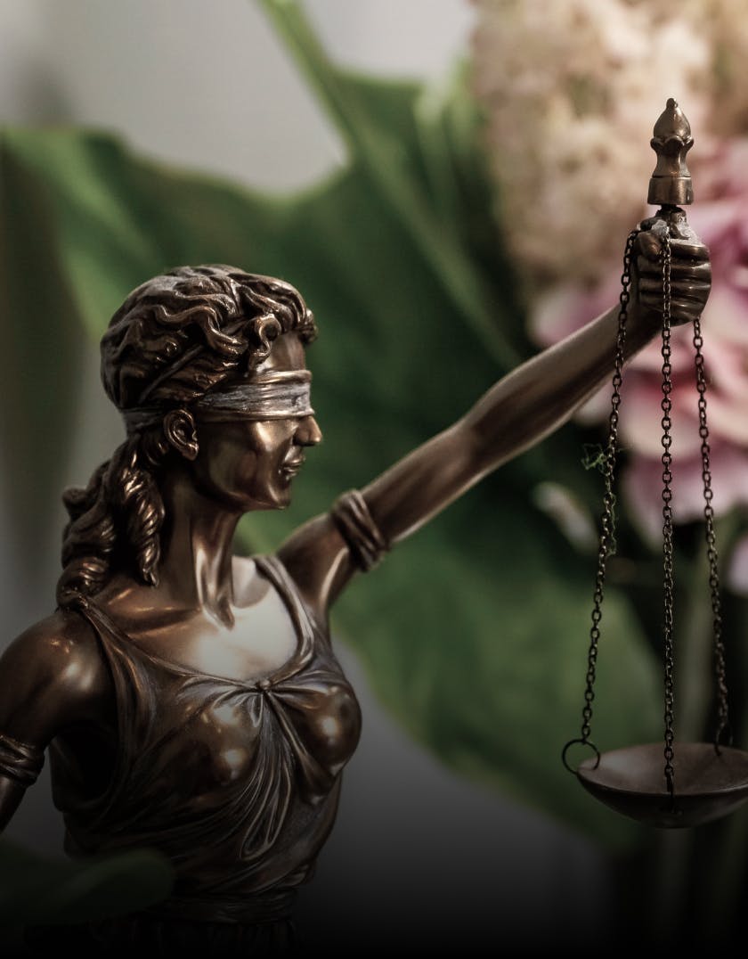 statue of lady justice holding scales with flowers in background