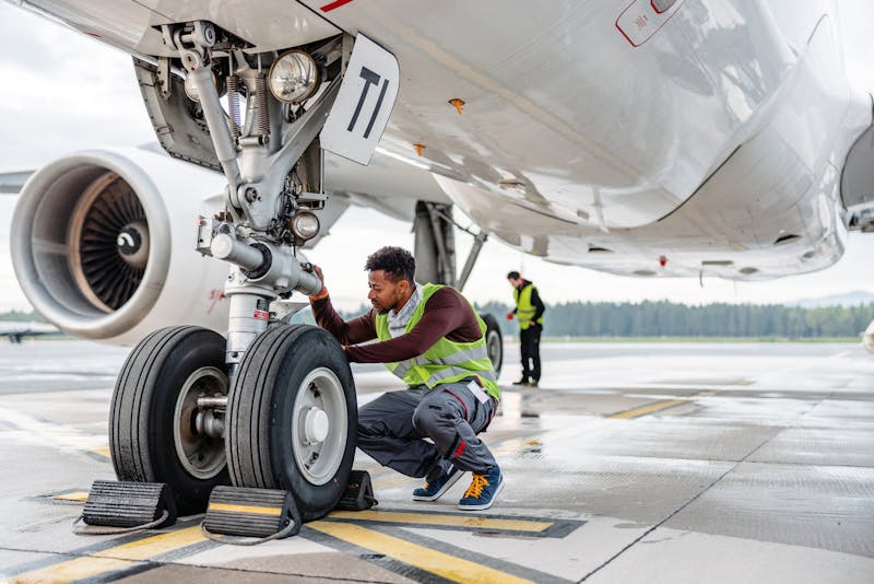 An aircraft engineer repairing and maintaining jet airplane