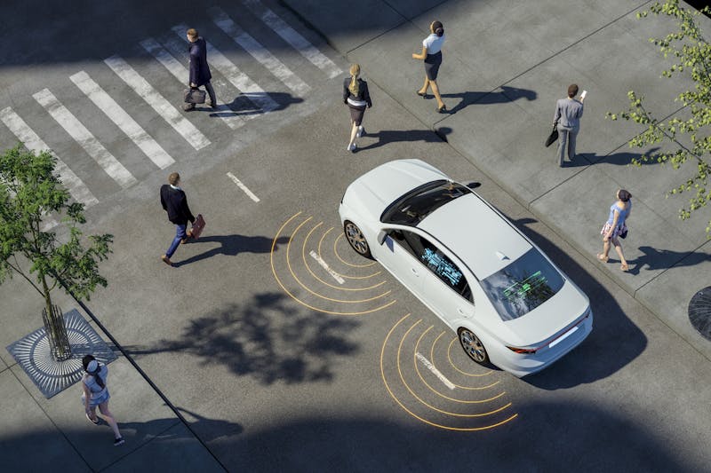 3D illustration of self driving car evaluating driving conditions