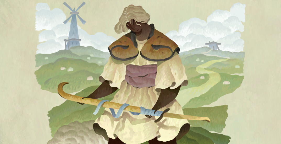 A traveler in a white dress and yellow shoulder pads and blond hair holding a sword