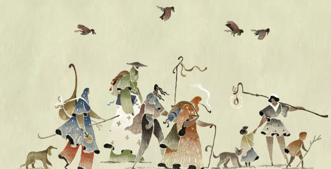 A group of people of various ages walking with a dog and a cat. There are four birds flying over them