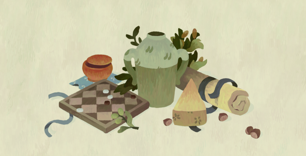 An compiling image of a cheese, a pot, a rolled up matress, a bowl, chestnuts, a boardgame