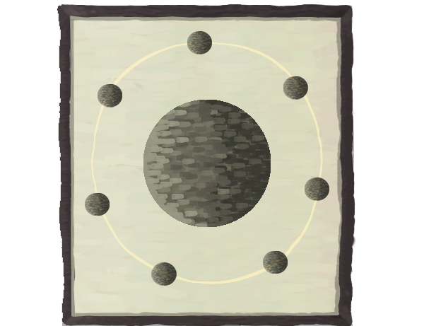 A black disc with seven black moons circling around it