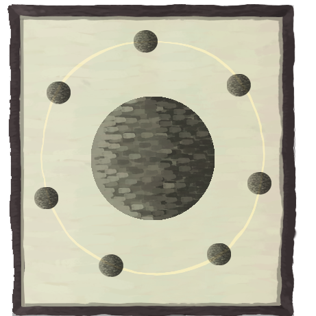 A black disc with seven black moons circling around it