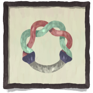 A red and a blue string of class intertwining in a circle. The bottom of the circle is grey