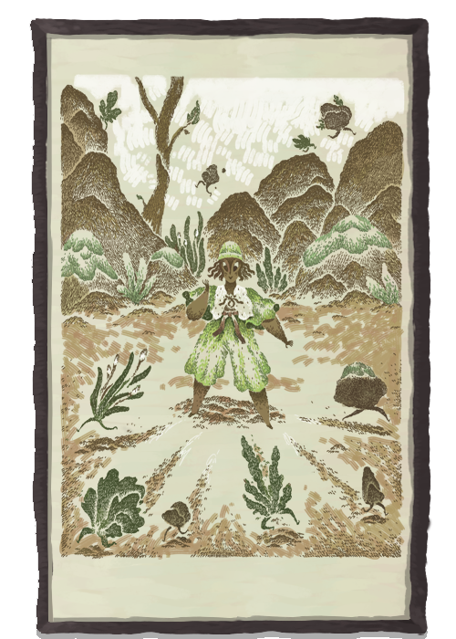 A person in green clothes are standing in the middle while herbs with little legs runs away from the person