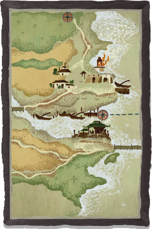 A framed map of the coastal village Myr