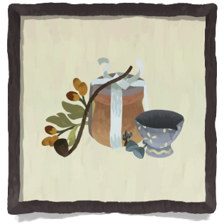 A brown smoke pipe, a grey tea cup with a yellow flower pattern, a brown jar and a green branch with nuts