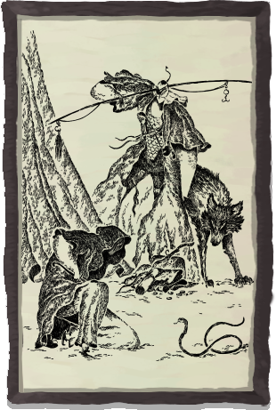 A sketch of a person sitting next to a snake and a standing warrior with a wolf next to them