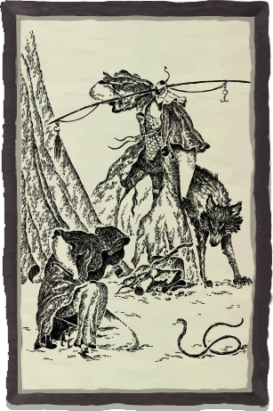 A sketch of a person sitting next to a snake and a standing warrior with a wolf next to them
