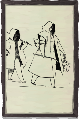 A sketch of two hooded travelers