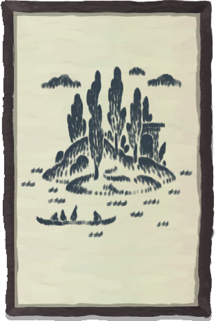 A sketch of an island with tall trees and a building
