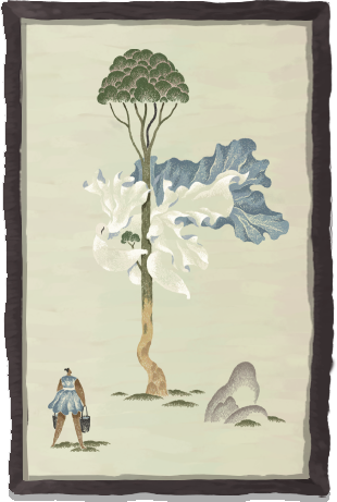 A person standing in front a spirit that is clinging on to a tree