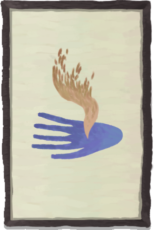 A blue hand with with a flame coming out of it's palm