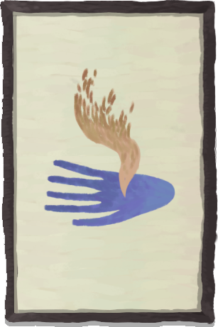 A blue hand with with a flame coming out of it's palm
