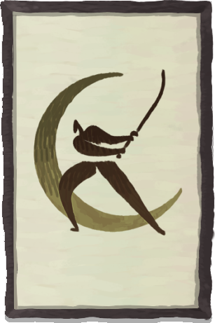 A silhouette of a person swinging a sword with a crescent moon behind them
