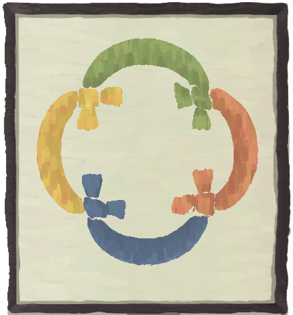 A yellow, a green, a red and a blue ribbon tied together to make a circle