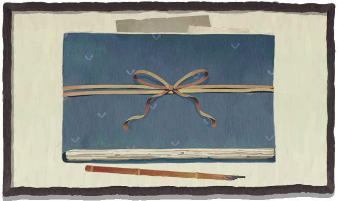 A closed blue book with a string tied in a ribbon tied to it and a wooden ink pen lying on the side