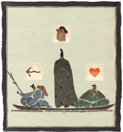 Three travelers in a small boat
