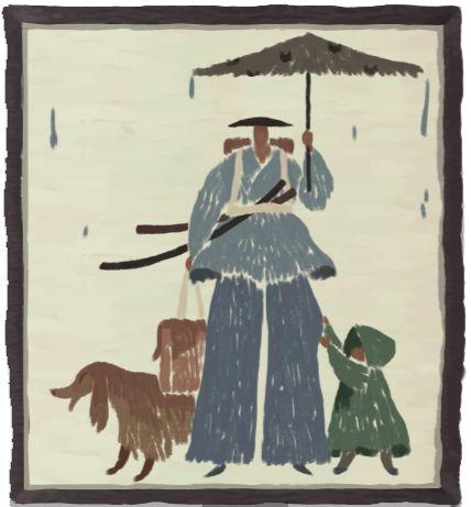 A traveler in blue holding an umbrella with a child in green and a medium sized dog at their feet