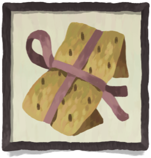Yellow package with brown spots with a purple ribbon