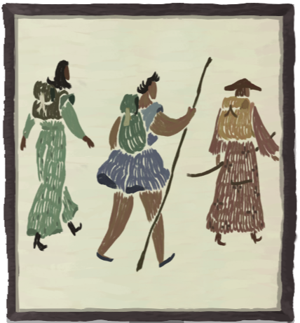 Three travelers walking with their backs towards the front
