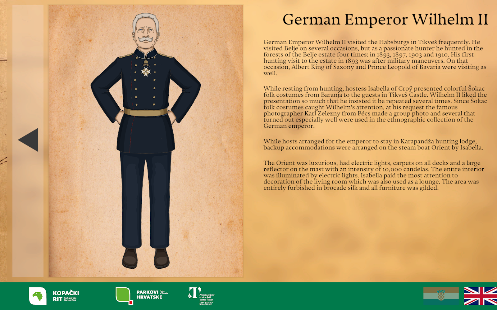 The character screen with a short biography and a custom illustration capturing each character's personality