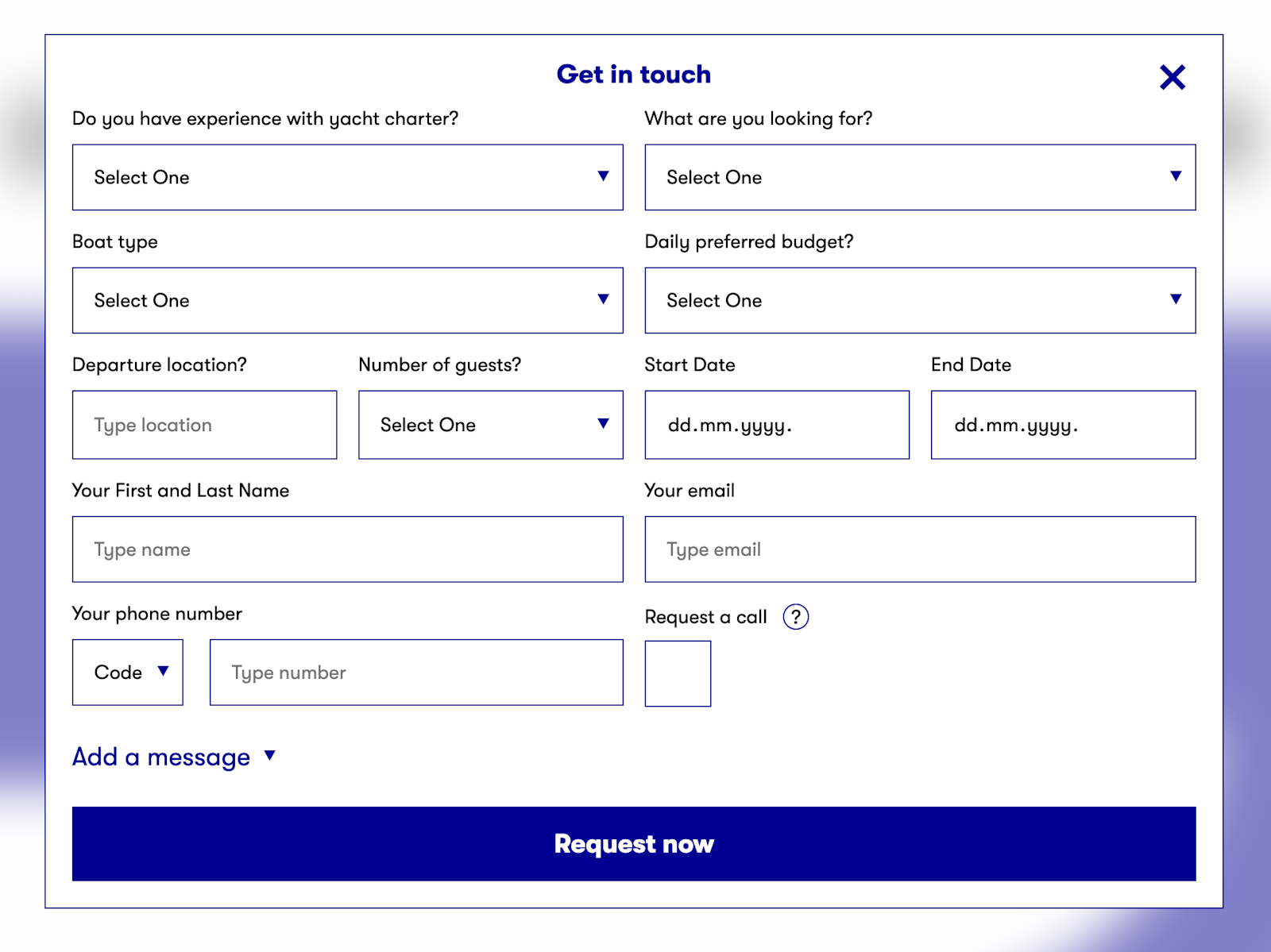 Dubrovnik Charter 'Get in touch' form asking about boat type, budget, dates, guests and contact details.
