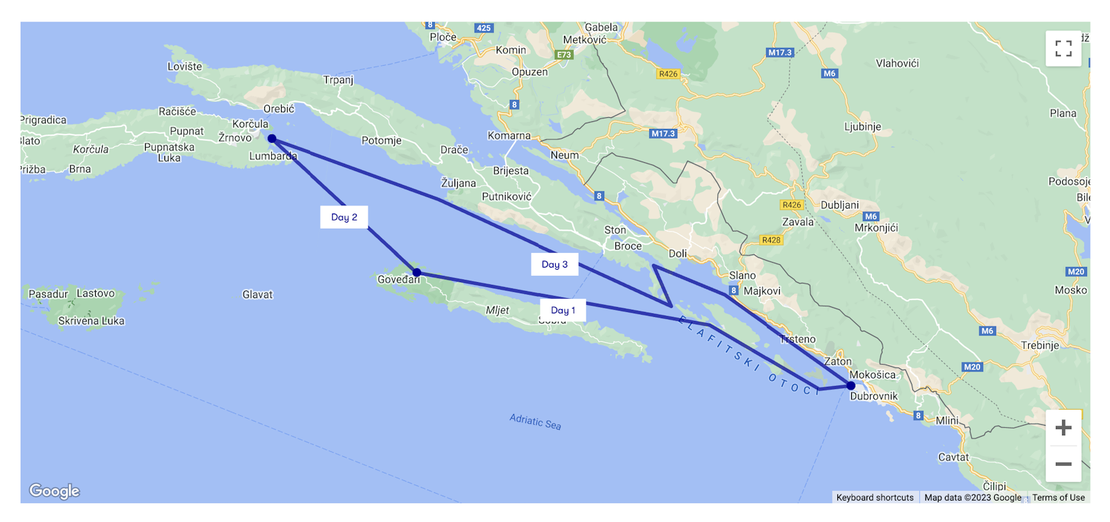 Map of a three-day charter route from Dubrovnik to Mljet and Korčula, drawn as blue lines between stops.