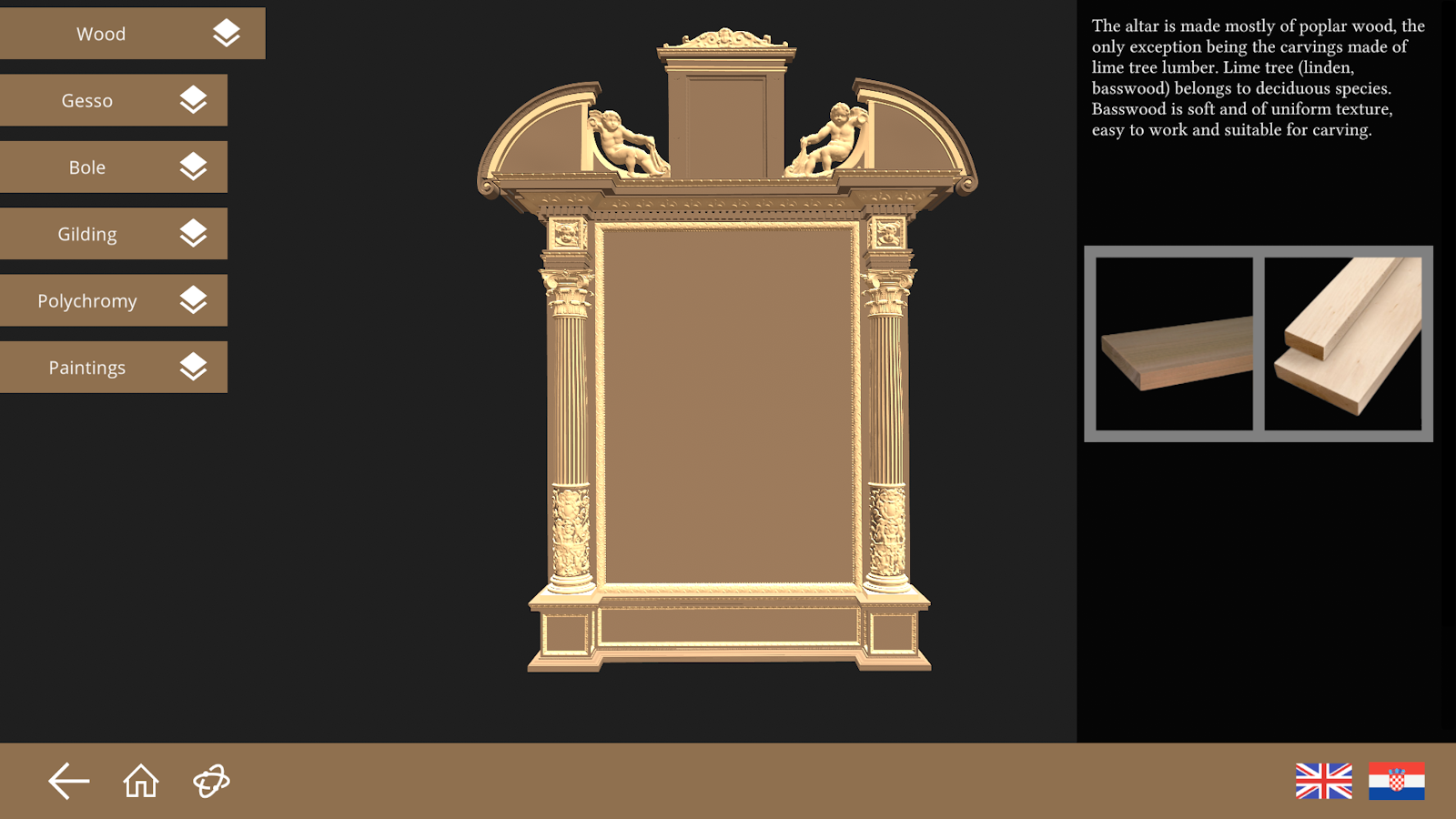 Multi-touch app showing the altar's bare wooden structure, with a note on poplar and lime wood and material layer buttons.