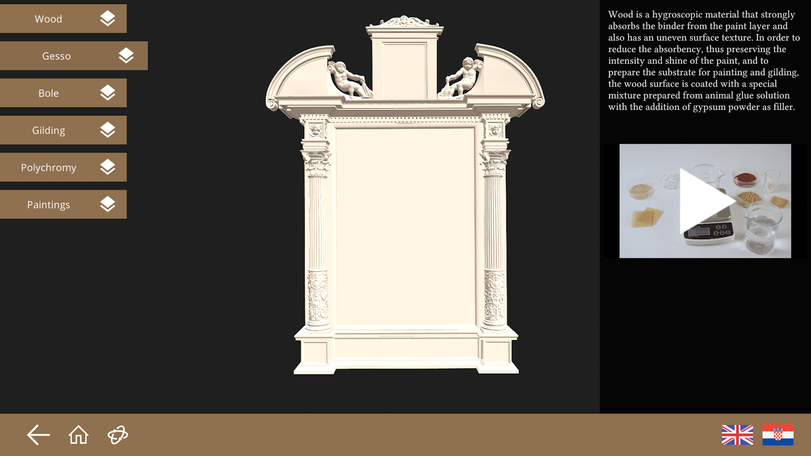 Multi-touch app showing the altar with its white gesso layer, an explanation of its preparation and a video.