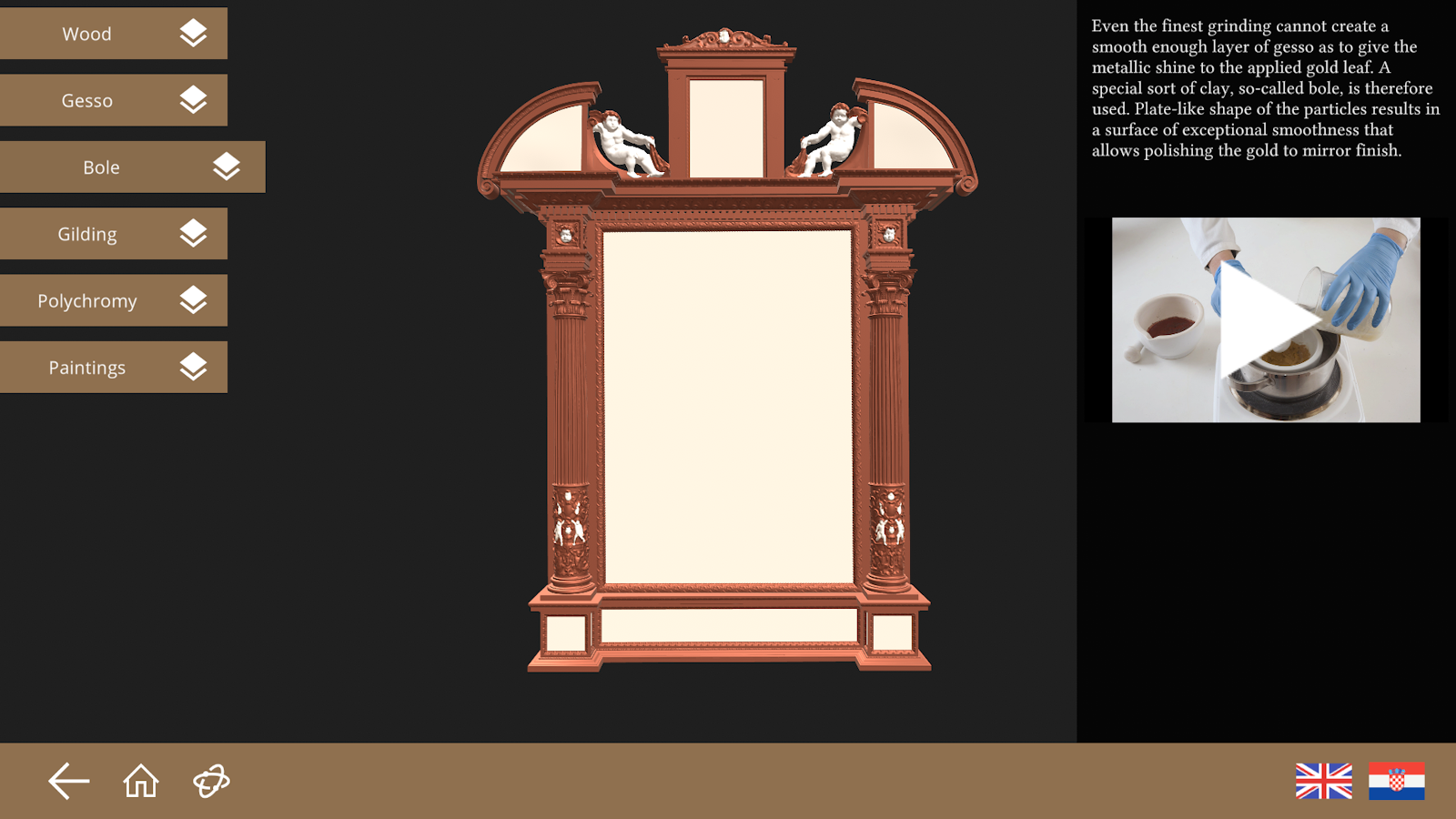 Multi-touch app showing the red bole layer on the altar model, with text on gilding preparation and a video.