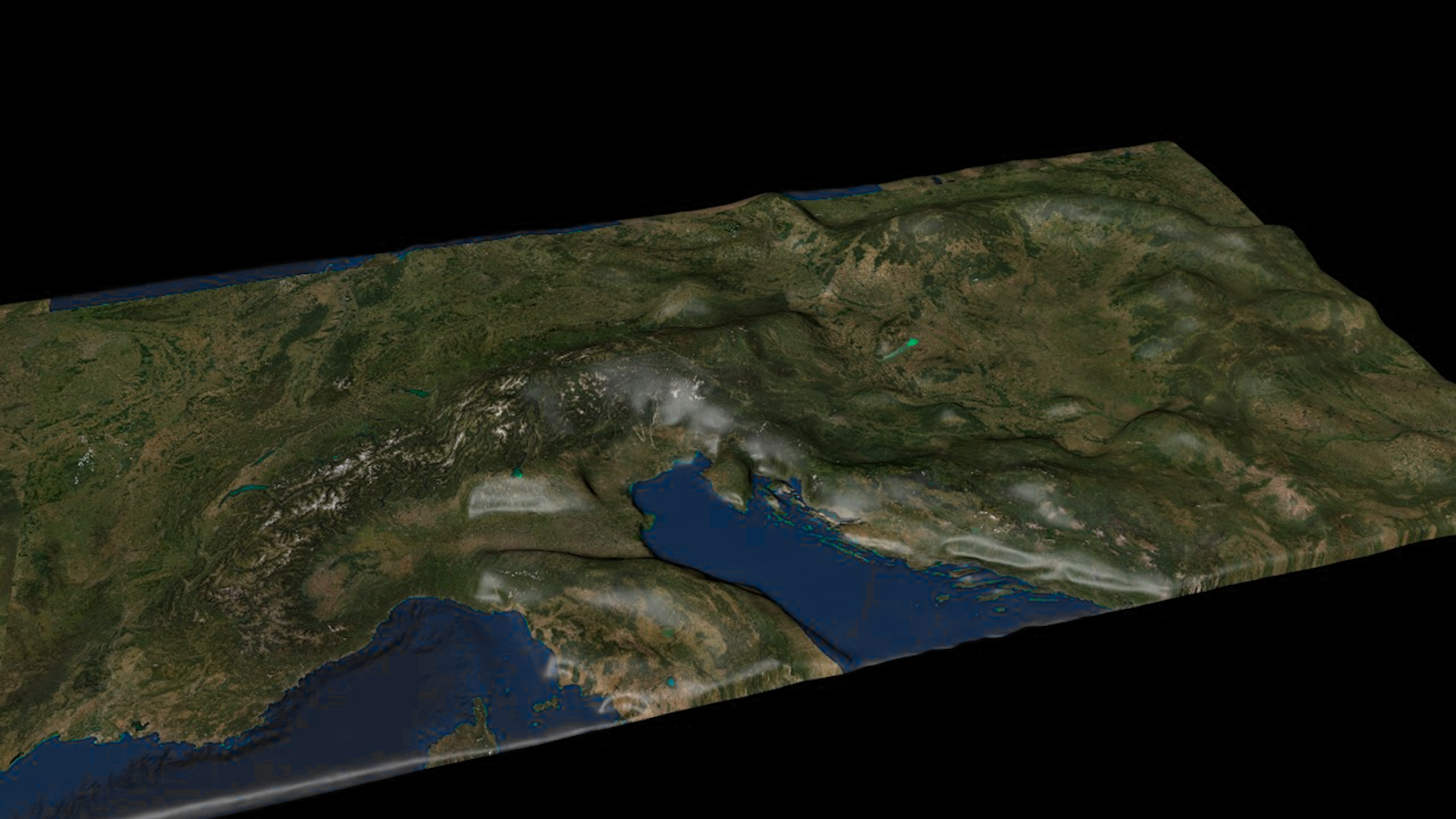 3D render of satellite-textured terrain from the Alps to the Adriatic, used as the projection content.